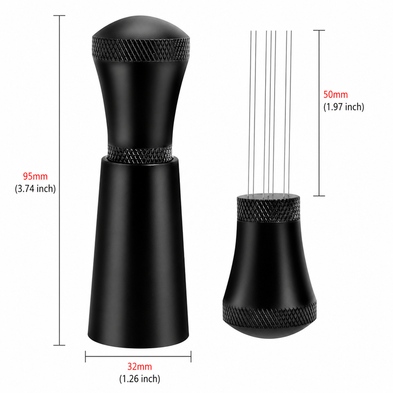 Black 7-needle WDT tool size guide showing handle width, overall height, and needle length