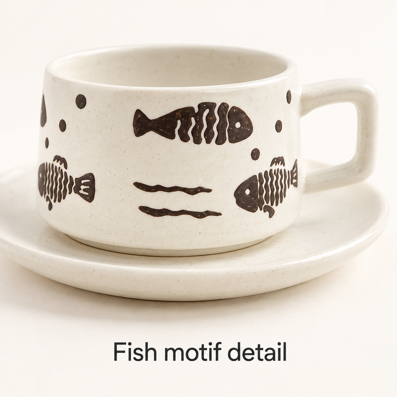 Juego de taza y platillo de cerámica Peces y hojas - nature-05