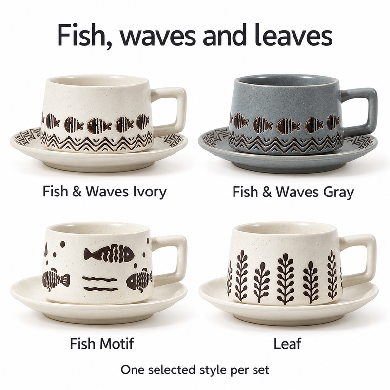 Juego de taza y platillo de cerámica Peces y hojas - nature-07