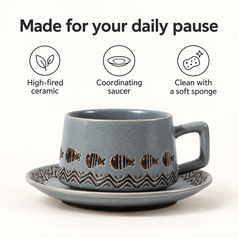 Juego de taza y platillo de cerámica Peces y hojas - material y cuidado