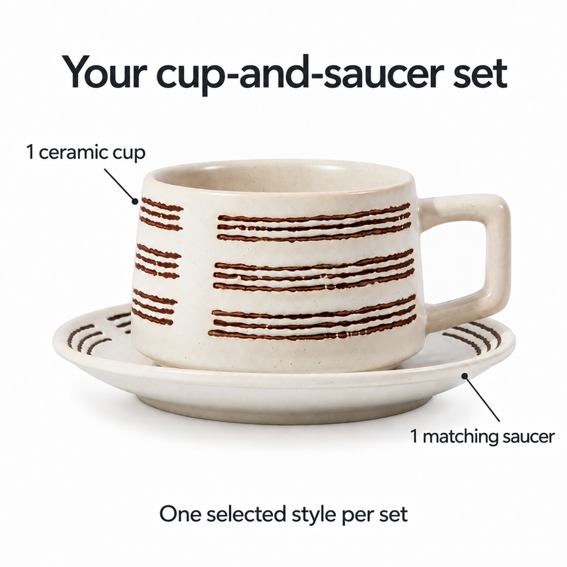 Juego de taza y platillo de cerámica a rayas - una taza y un platillo a juego