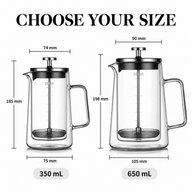 Size chart comparing the graduated 350 mL and 650 mL French presses and their dimensions