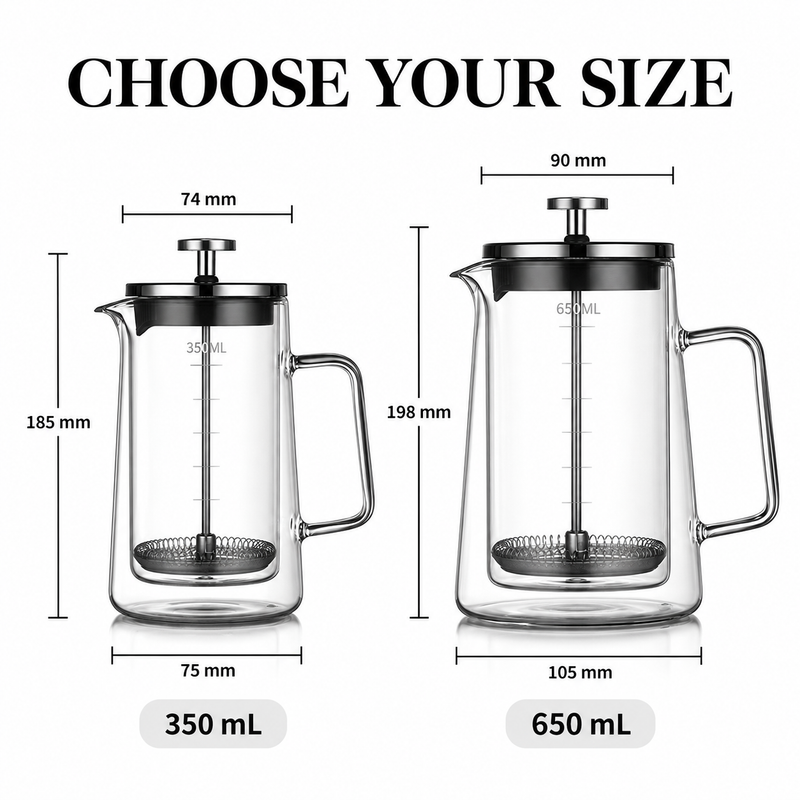 Size chart comparing the graduated 350 mL and 650 mL French presses and their dimensions