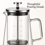 Close-up of the 650 mL French press lid, glass spout, clear handle and measurement marks