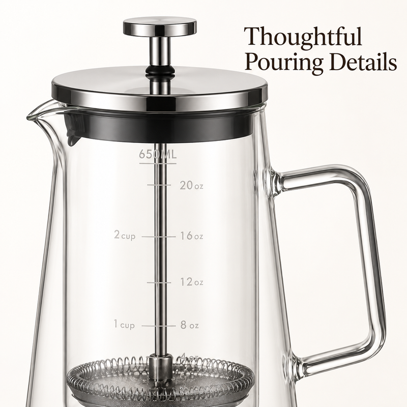 Close-up of the 650 mL French press lid, glass spout, clear handle and measurement marks