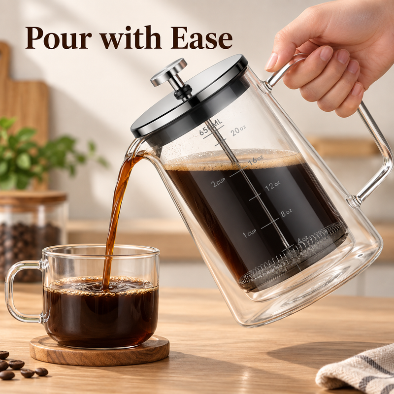 Graduated 650 mL glass French press pouring brewed coffee into a glass cup