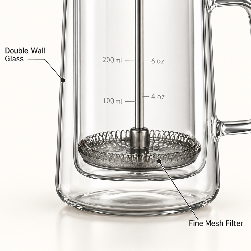 Close-up of the double-wall glass body and round metal mesh plunger filter