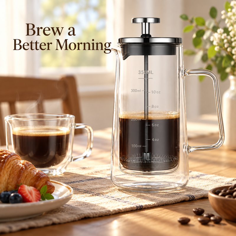 350 mL graduated Yozcoffee glass French press with brewed coffee on a breakfast table
