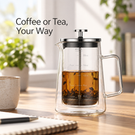 650 mL graduated double-wall glass French press brewing loose-leaf tea on a desk
