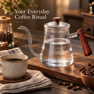 Glass pour-over kettle with wooden handle on a wooden board beside a cup of coffee