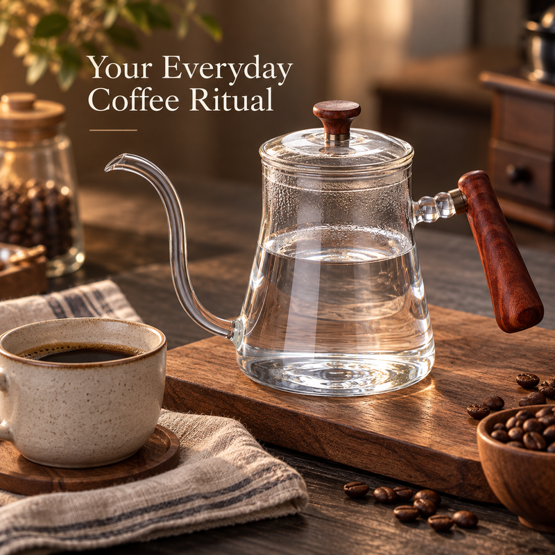 Glass pour-over kettle with wooden handle on a wooden board beside a cup of coffee
