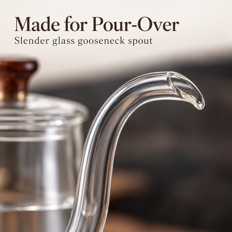 Close-up of the curved glass gooseneck spout and pouring lip