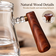 Wooden kettle handle with rounded glass attachment and matching wooden lid knob