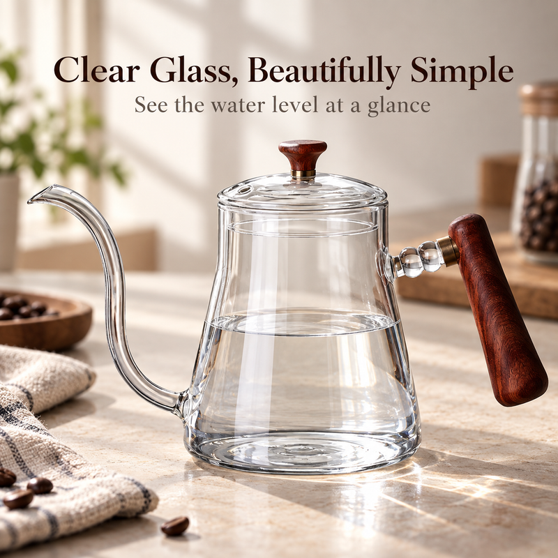 Transparent glass pour-over kettle showing the water level through the clear body