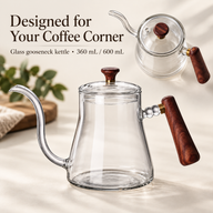 Yozcoffee clear glass gooseneck kettle in side and overhead views with wooden handle and lid knob
