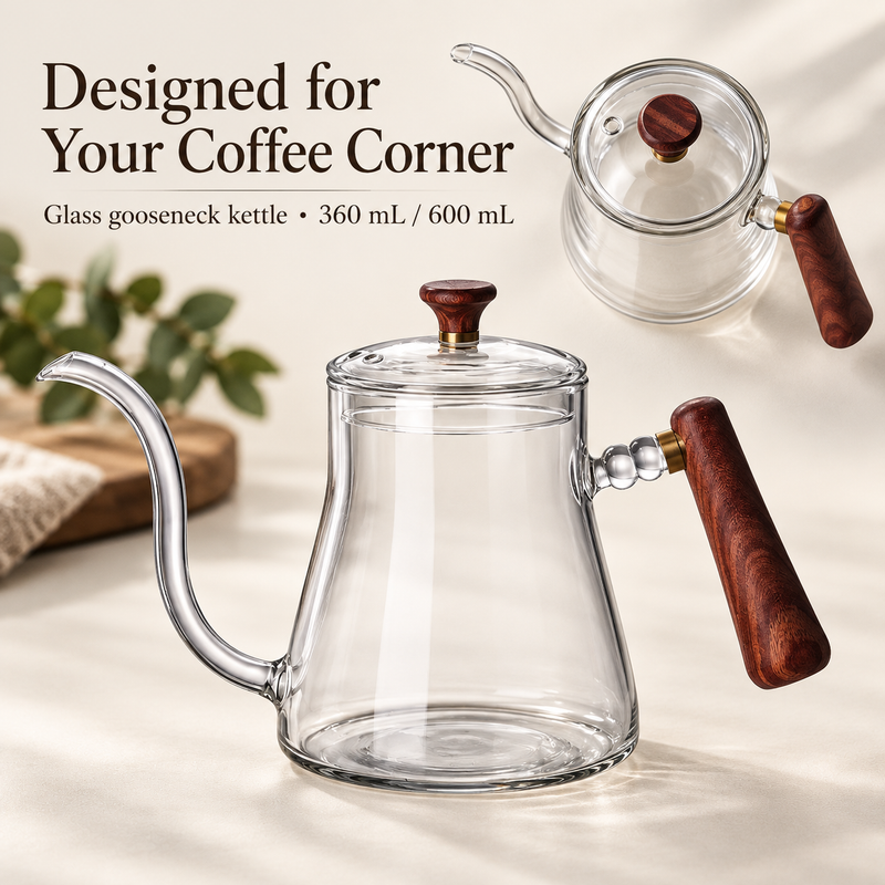Yozcoffee clear glass gooseneck kettle in side and overhead views with wooden handle and lid knob