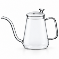 Transparenter 600-ml-Pour-over-Kessel aus Glas von Yozcoffee mit Schwanenhalsausguss und Glasdeckel auf weißem Hintergrund
