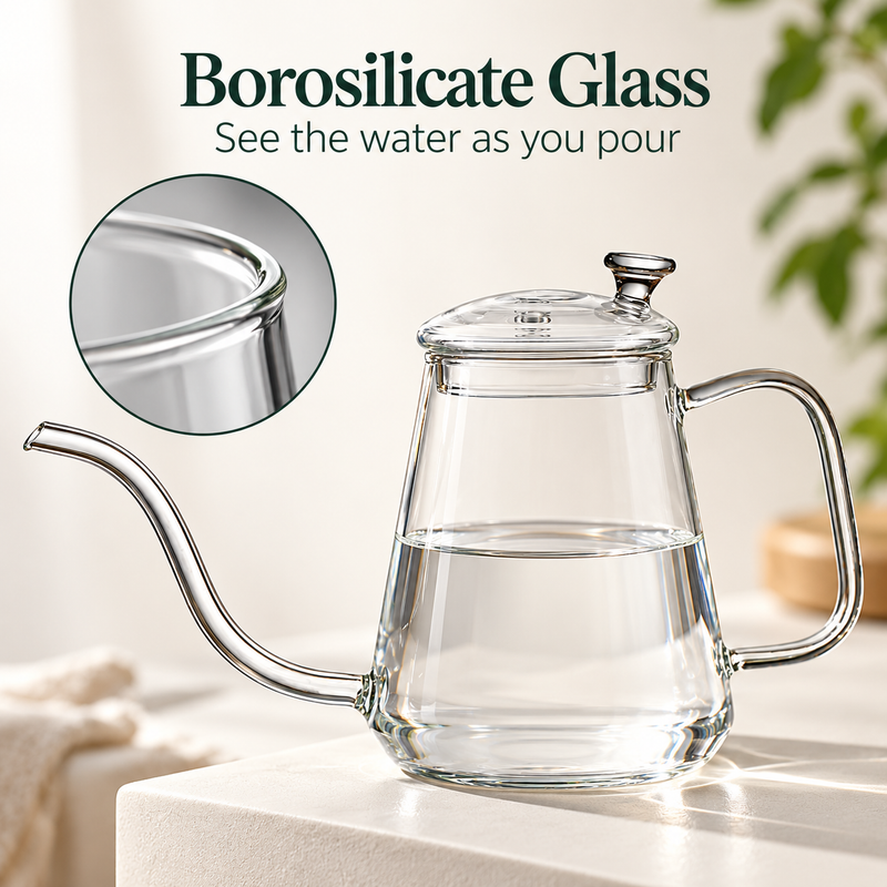 Schwanenhalskessel aus Borosilikatglas mit sichtbarem Wasserstand und Nahaufnahme des Glasrands
