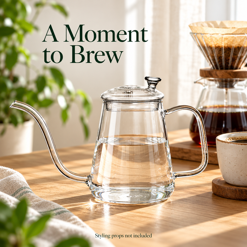 Transparenter Pour-over-Kessel aus Glas neben einem Dripper und einer Tasse auf einer Holzarbeitsplatte