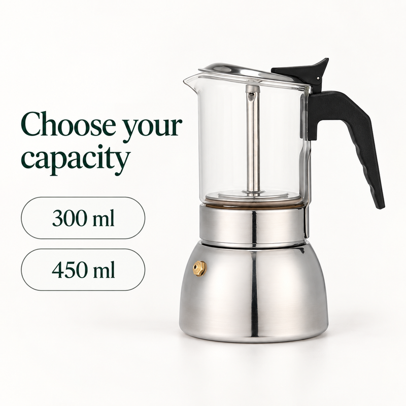 Yozcoffee glass moka pot available in 300 ml and 450 ml capacity options