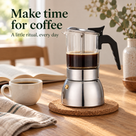 Glass moka pot with brewed coffee on a dining table beside a cup