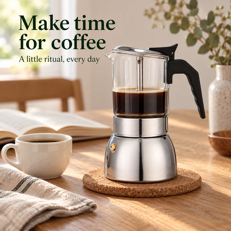 Glass moka pot with brewed coffee on a dining table beside a cup