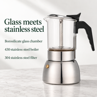 Glass moka pot with borosilicate chamber, 430 stainless steel boiler and 304 stainless steel filter