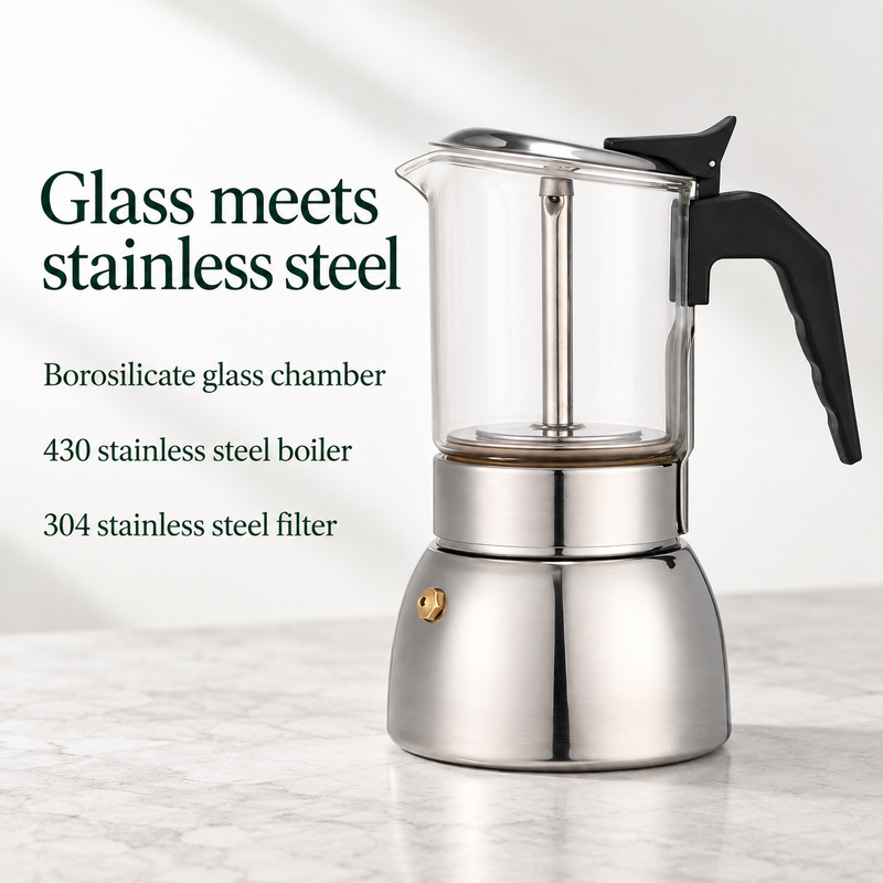 Glass moka pot with borosilicate chamber, 430 stainless steel boiler and 304 stainless steel filter
