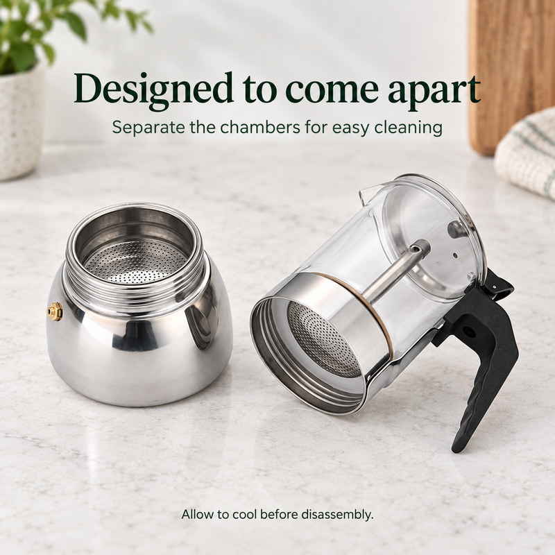 Separated upper chamber and lower boiler of the glass moka pot for cleaning