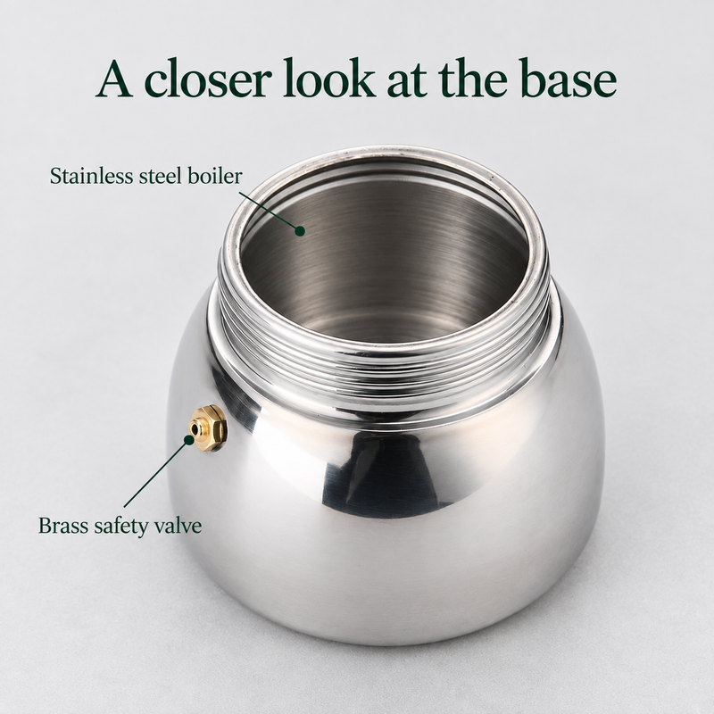 Stainless steel moka pot boiler with threaded opening and brass safety valve