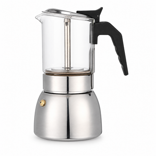 Yozcoffee glass moka pot with stainless steel boiler and black handle on a white background