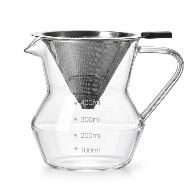 Glass Pour-Over Coffee Maker – 400ml (14oz), Reusable 304 Stainless Steel Filter, Glass Handle