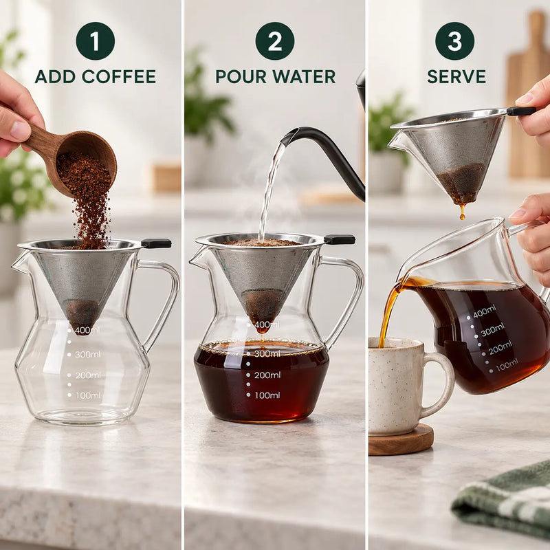 Glass Pour Over Coffee Maker – 400ml, Reusable Steel Filter - Produktbild