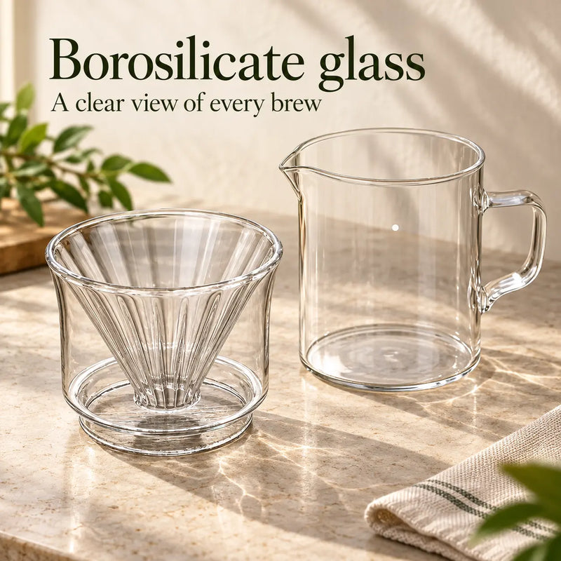 Separate borosilicate glass dripper and empty 400 ml server in natural light