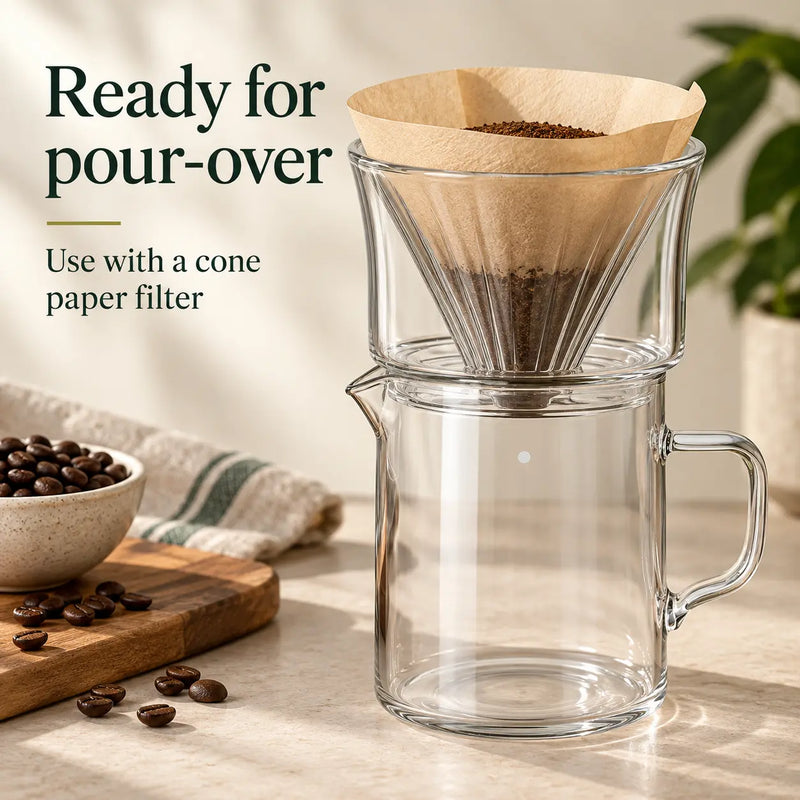 Cone paper filter fitted inside the glass dripper on the 400 ml coffee server