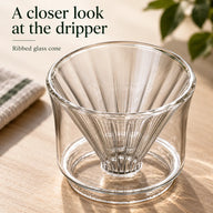 Close-up of the ribbed glass cone and clear outer wall of the pour-over dripper