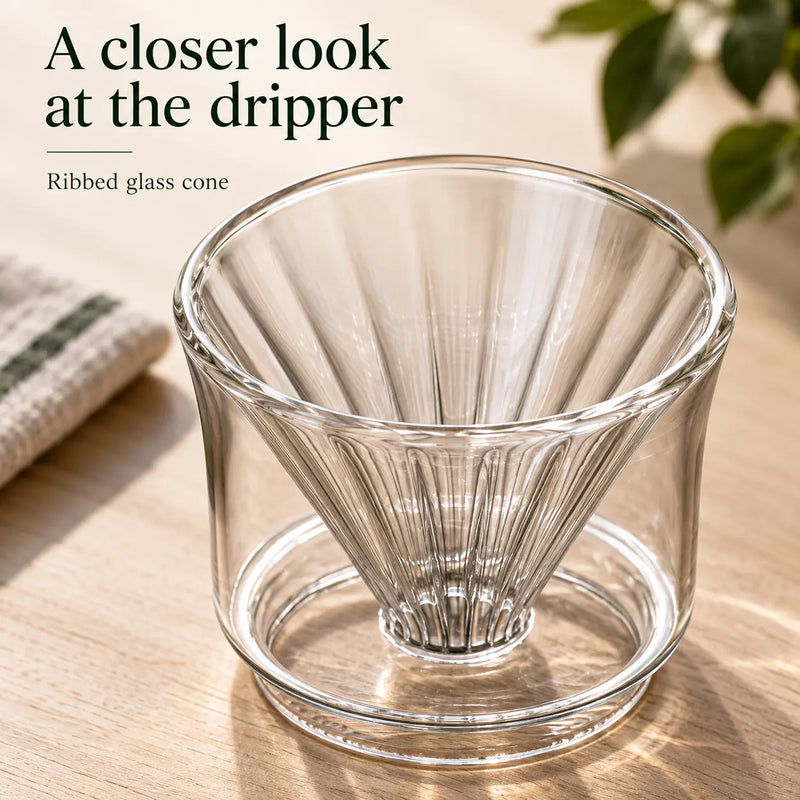 Close-up of the ribbed glass cone and clear outer wall of the pour-over dripper