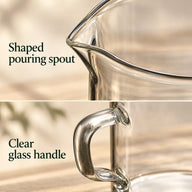 Close-up views of the shaped pouring spout and clear glass handle on the coffee server