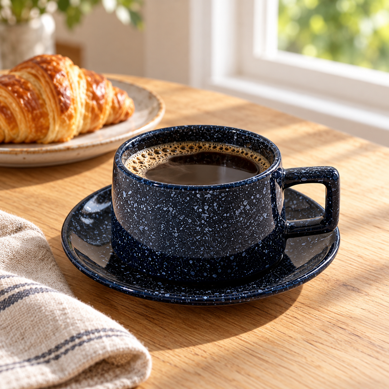 Taza y platillo de cerámica esmaltada: café en el desayuno