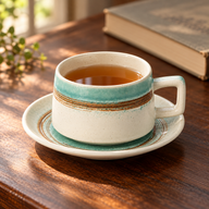 Taza y platillo de cerámica esmaltada: taza Verde mar en un escritorio de lectura