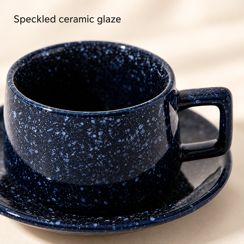 Taza y platillo de cerámica esmaltada: detalle del esmalte moteado