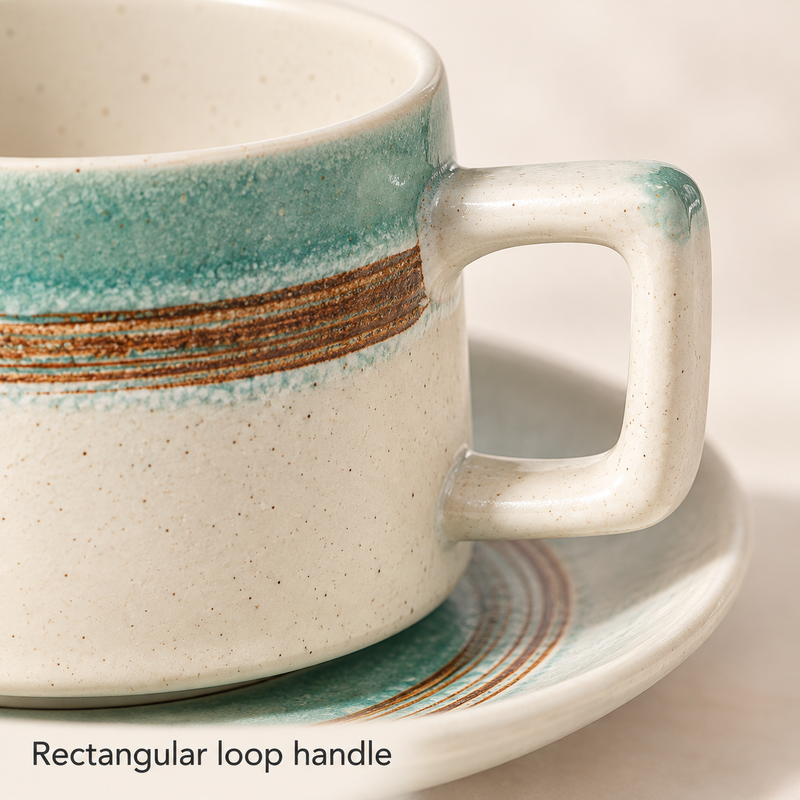 Taza y platillo de cerámica esmaltada: detalle del asa de aro rectangular