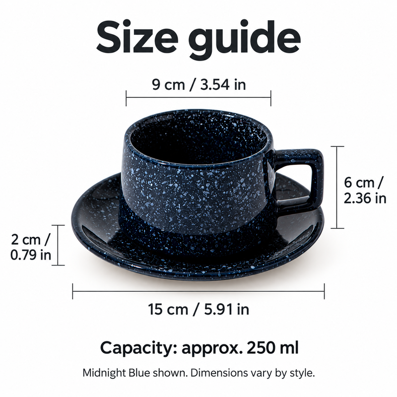 Taza y platillo de cerámica esmaltada: guía de tamaño Azul medianoche