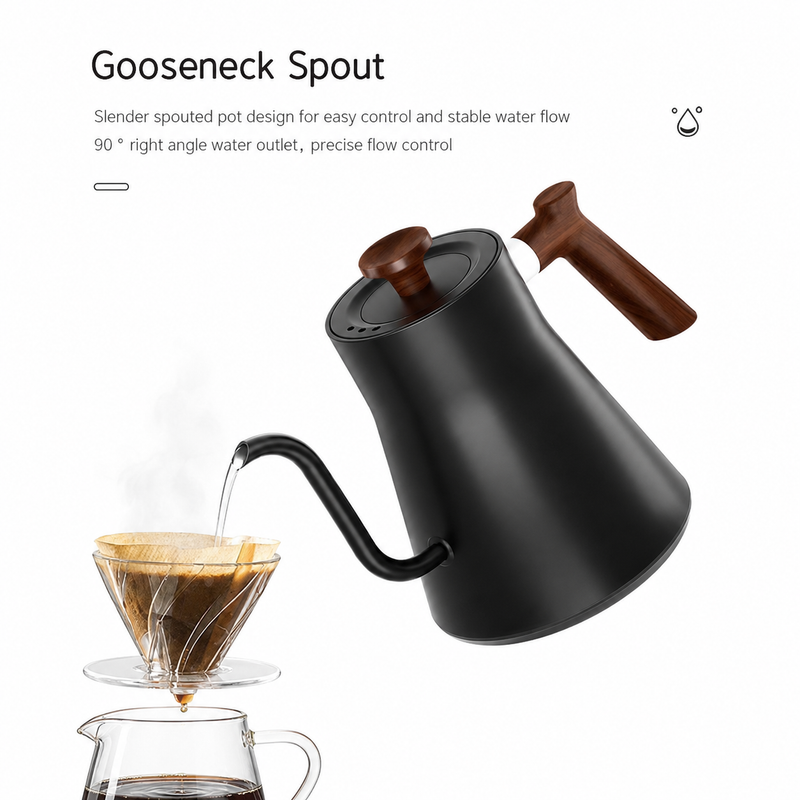 Yozcoffee electric gooseneck kettle pouring into a pour-over dripper to show precision spout control