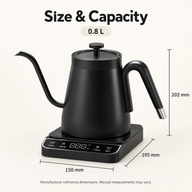 Yozcoffee 0.8L kettle reference dimensions: 150mm base width, 195mm base depth and 202mm illustrated height