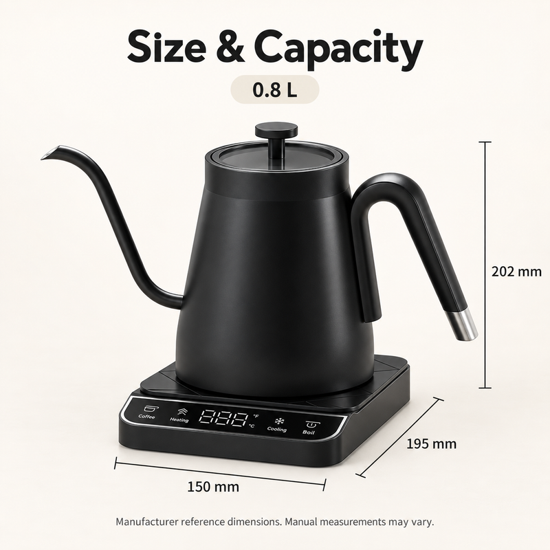 Yozcoffee 0.8L kettle reference dimensions: 150mm base width, 195mm base depth and 202mm illustrated height