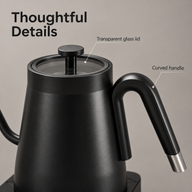 Close-up of the Yozcoffee kettle's transparent glass lid and curved black handle with silver-tone end