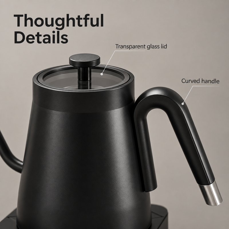 Close-up of the Yozcoffee kettle's transparent glass lid and curved black handle with silver-tone end
