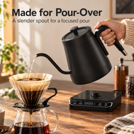 Yozcoffee gooseneck kettle pouring water into a glass dripper for pour-over coffee