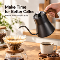 Black 600ml gooseneck kettle pouring water into a coffee dripper